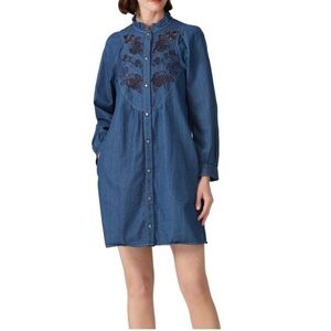 Coach Chambray Denim Embroidered Floral Shirt Dress Pockets Western Boho 2